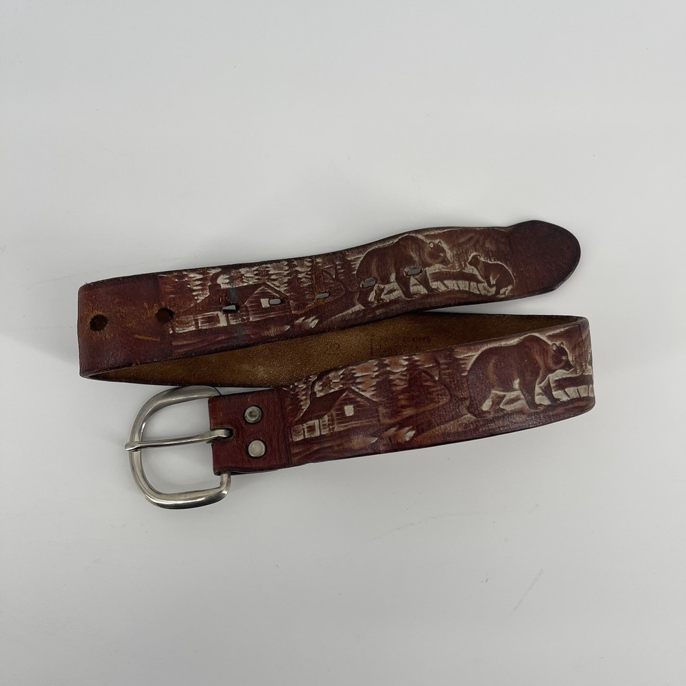 Vintage 1960s Boys Leather Belt Size 22 Hand-Carved Western Design